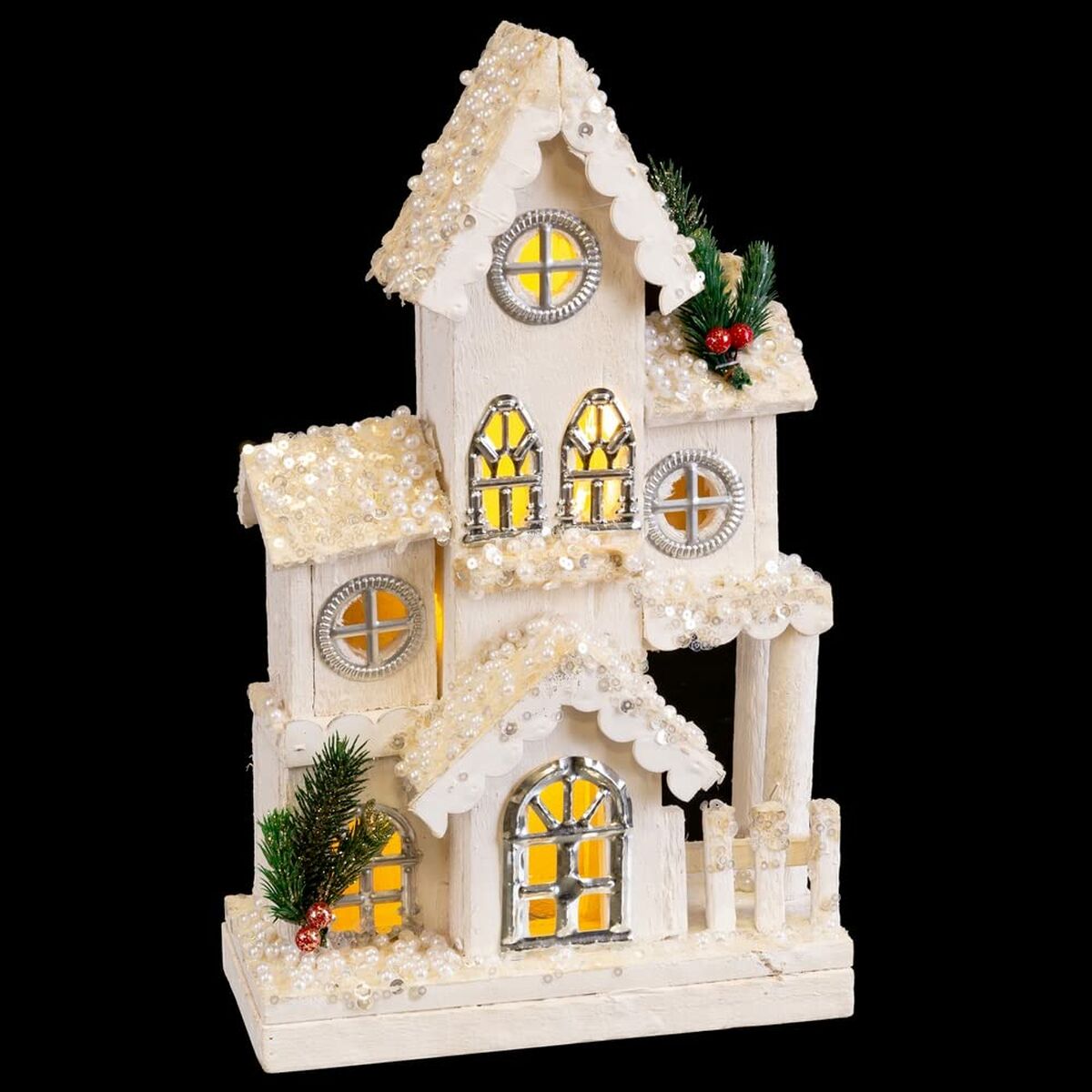 Julekule Hvit Tre Hus 24 x 11 x 39 cm